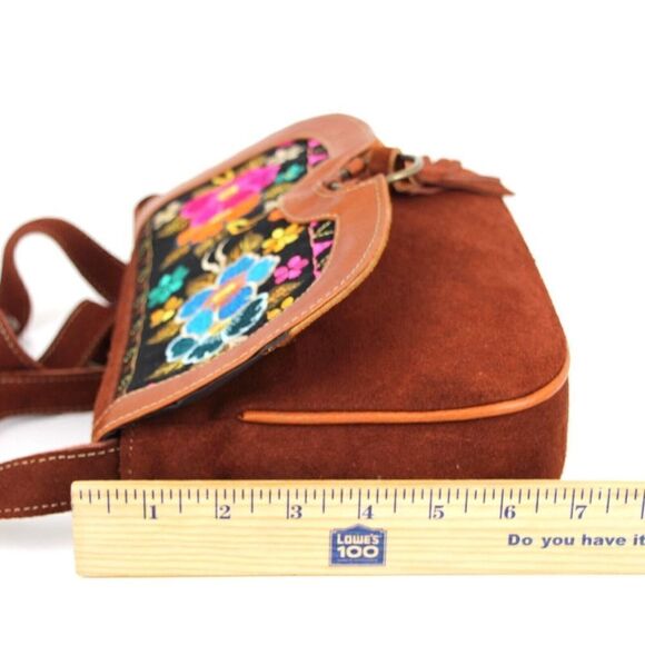 HANDCRAFTED BROWN GENUINE LEATHER SUEDE EMBROIDERY FLAP XBODY PURSE SHOULDER BAG - Picture 15 of 16